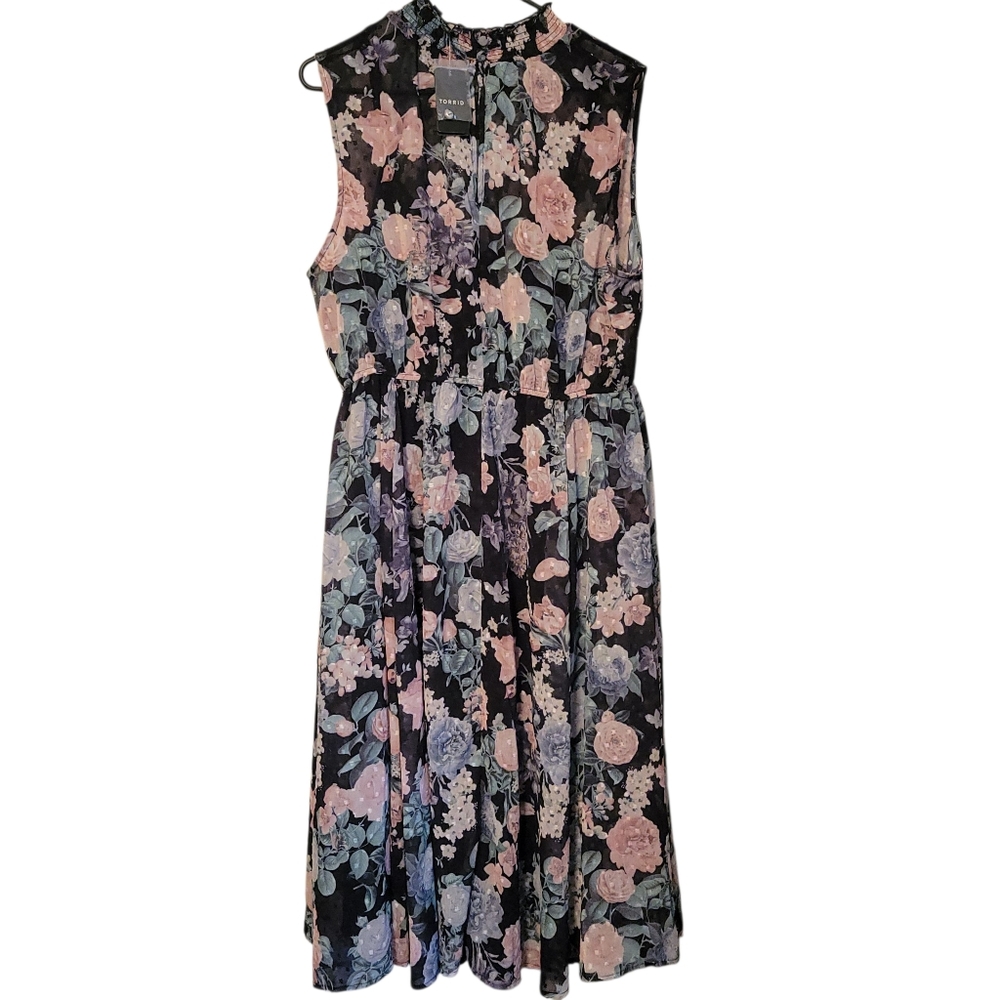 NWT Torrid Floral Clip Dot Mock Neck Sleeveless Midi Romantic Dress Fit Flare 1X - Picture 4 of 11